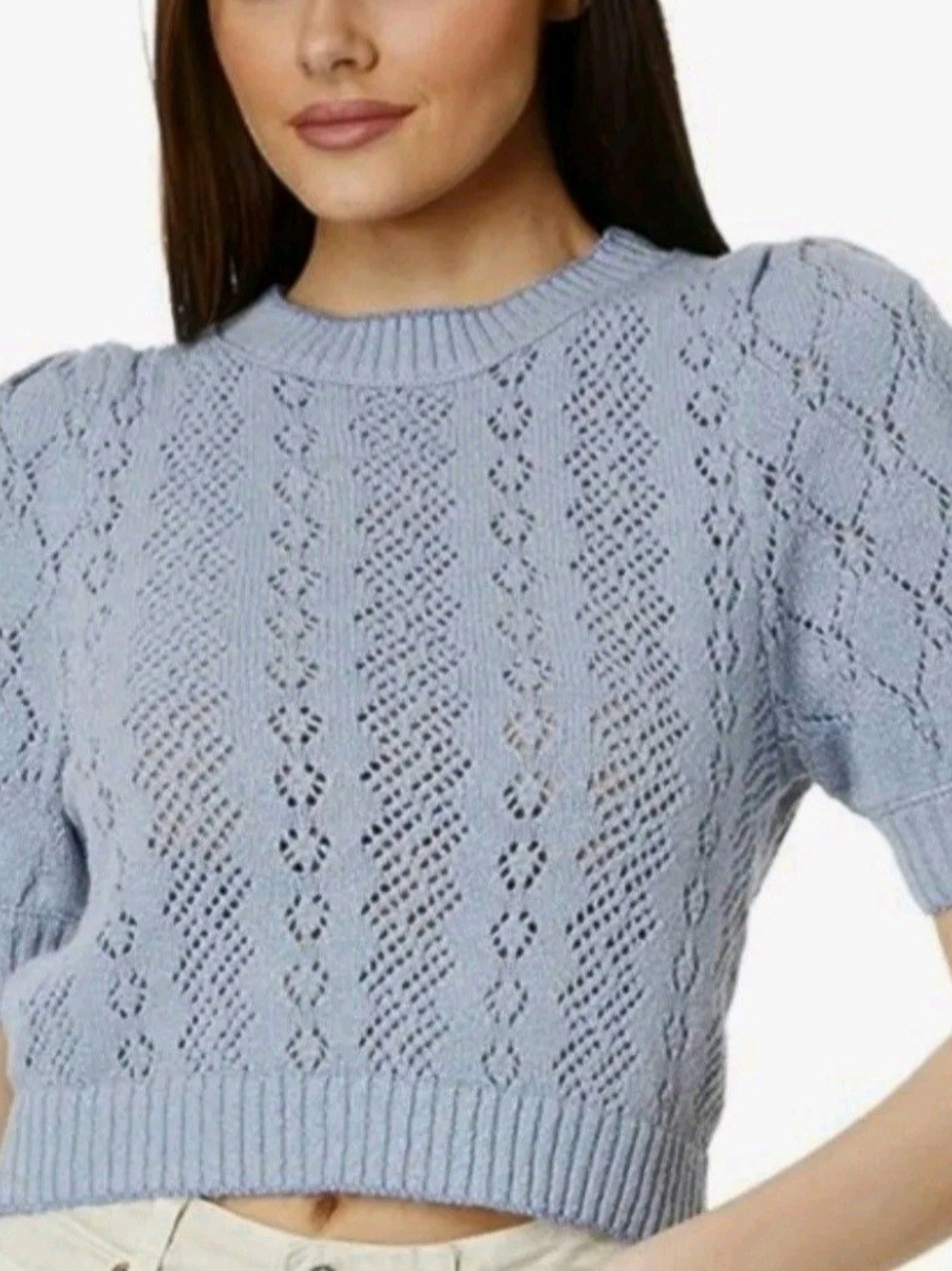 Free People Light Blue Cropped Knit Pointelle Sweater